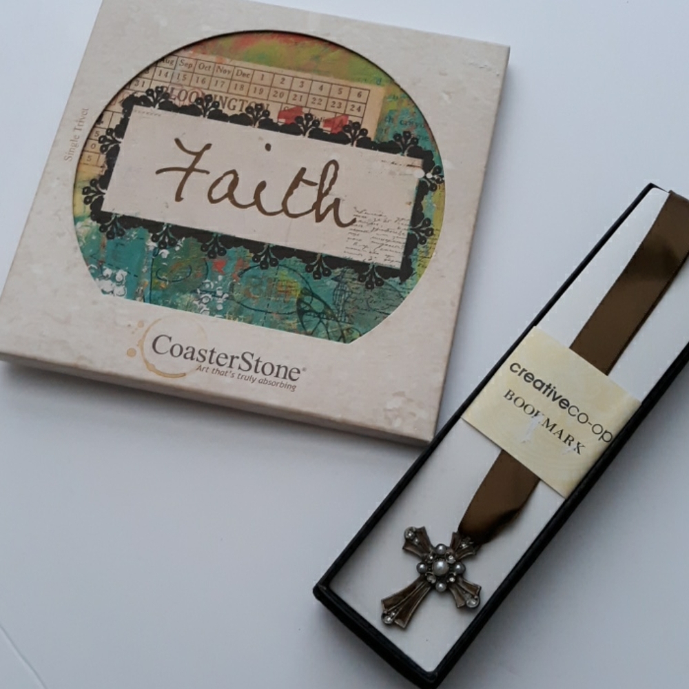 - Cornerstone Faith trivet and satin ribbon with cross charm bookmark